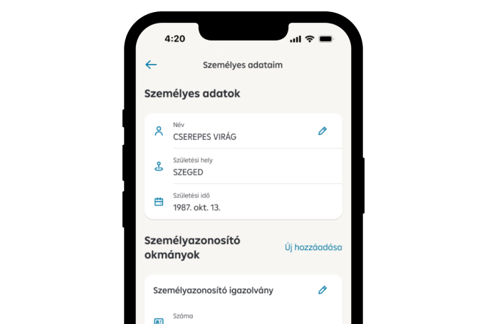 Kiemelt tartalom, myRaiffeisen applikáció személyes adatok képernyő